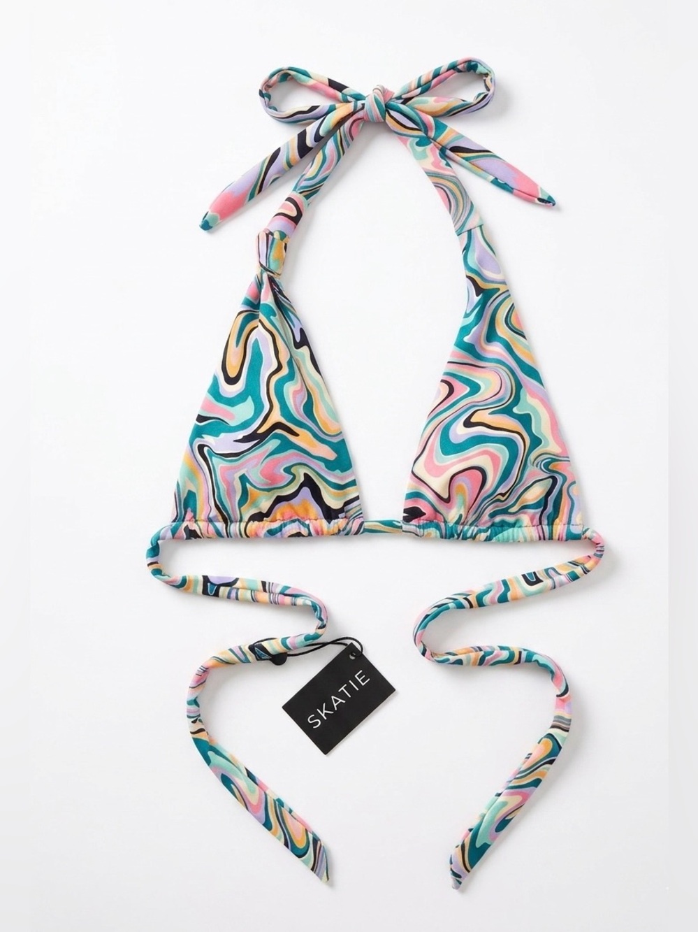NWT• Skatie Psychedelic Swirl Halter Triangle Bikini Top L 70s Retro